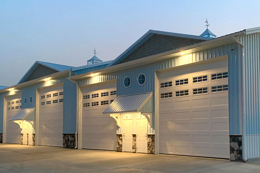 Exterior view of the Future Island storage building at dusk